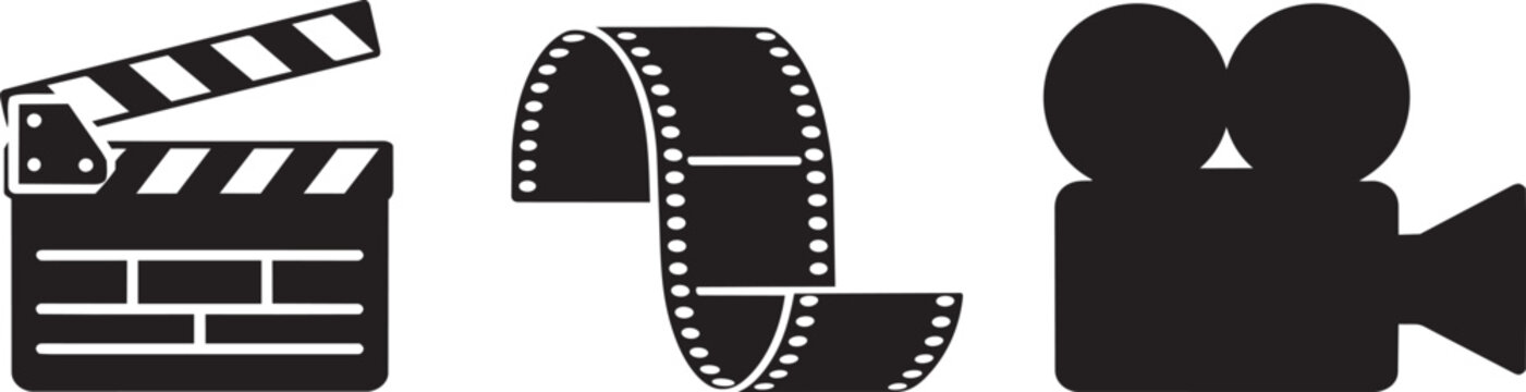 Film production equipment icons featuring clapper board strip of reel and vintage camera silhouette graphics