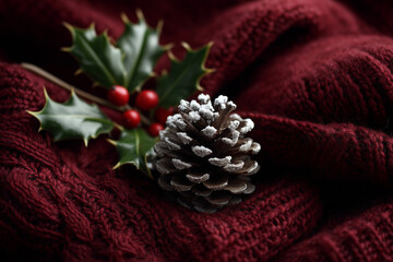A close-up shot of a cozy red sweater, adorned with a festive sprig of holly and a pine cone, evokes warmth and the spirit of the season. 