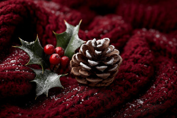 Cozy holiday display, a pinecone, holly sprigs nestled on a soft knitted fabric, invoking a sense of winter and holiday warmth. 