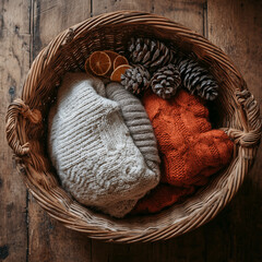 A cozy and inviting scene of a woven basket filled with comforting items, showcasing an aesthetic of warmth and simplicity.