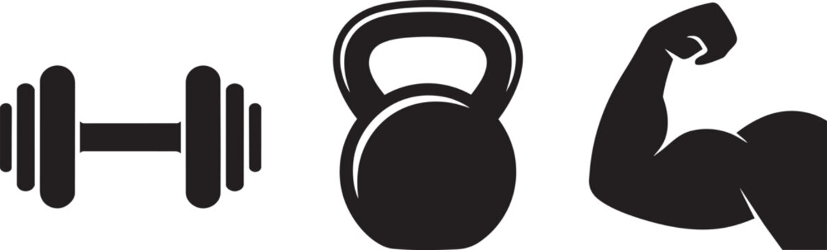 Set of gym equipment and fitness icons showing a dumbbell a kettlebell and a muscular arm