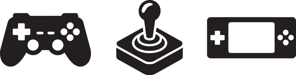 Video game controllers icon set featuring modern gamepad, classic joystick, and handheld console © MC Creative