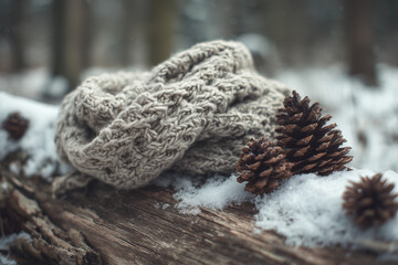 A cozy knit scarf and pine cones resting on a snow-covered log, evoking a sense of warmth and tranquility amidst a serene winter landscape. 