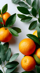 Fresh Oranges with Green Leaves on White Background Flat Lay