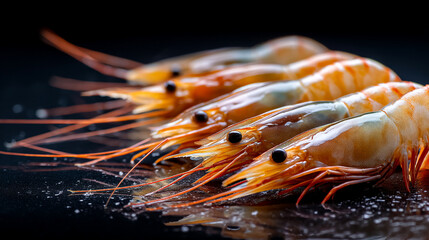 Row of Fresh Raw Prawns with Long Antennae on Dark Surface