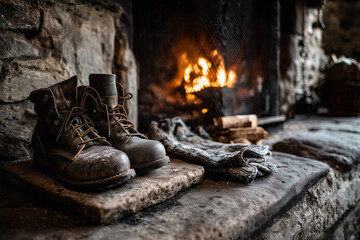 Cozy scene by fireplace, featuring well-worn boots and gloves in a rustic setting with fireplace. 