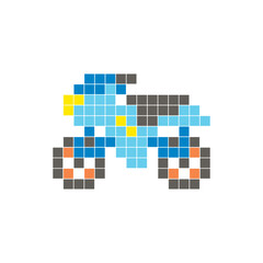 A flat pixel design made of geometric square color blocks on a clean icon layout. Pixel art motorcycle