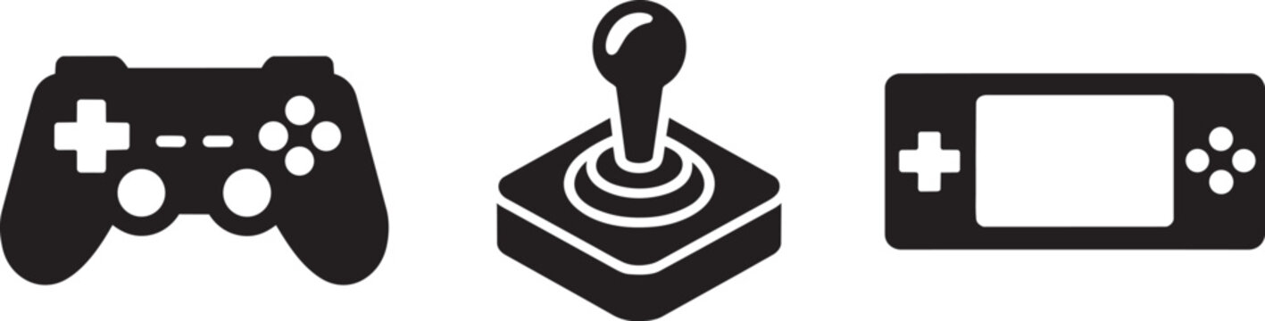 Video game controllers icon set featuring modern gamepad, classic joystick, and handheld console