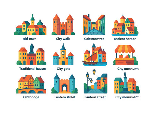 Historic City Icons. Historic cities. Colorful flat vector icons set of Historic cities: old town skyline, city walls, cobblestone street, historic square,