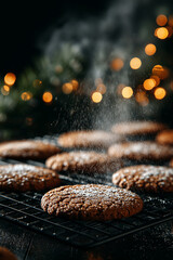 Freshly baked cookies sprinkled with powdered sugar on a cooling rack, showcasing a delectable treat.