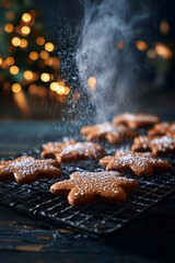 The artistry of culinary delight is showcased as a gentle snowfall of powdered sugar graces a tray of freshly baked gingerbread cookies. This captivating photo evokes warmth and festive spirit.