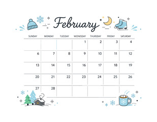 February Winter Planner. Winter calendar layout for February. Clean monthly planner page with soft winter icons, calm organization mood and subtle seasonal