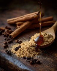 An enticing close-up captures the allure of culinary delights, featuring a warm, rich stream of syrup gently cascading onto a bed of flavorful ginger.