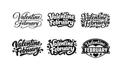 Fototapeta premium Valentine Word Art. Valentine February Word Stamps. Set lettering. harmonious lettering variations of the same emblematic concept, each with different artistic