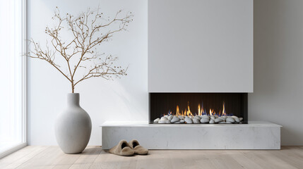 Modern elegance: A minimalist fireplace setup. Capturing the essence of a serene, contemporary living space.