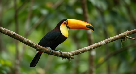 A colorful toucan perches on a branch in a lush green environment