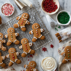 A festive assembly of gingerbread men adorns a wire rack amidst a collection of colorful decorations.  An inviting image of holiday baking.
