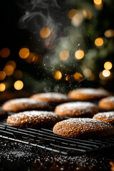 Warm, freshly baked cookies, dusted with powdered sugar, sit on a cooling rack, emitting delicate steam. A backdrop of twinkling lights and festive greenery creates a cozy, inviting atmosphere. 