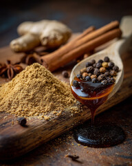 A visually striking arrangement of culinary spices and ingredients, with a wooden spoon pouring molasses, shot from a photorealistic perspective.