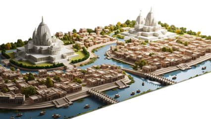 Aerial view of ancient city with river and temples