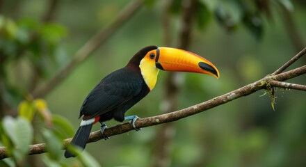 A vibrant toucan perches on a branch, showcasing its distinctive oversized beak