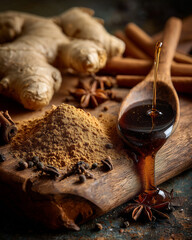 An artfully arranged close-up captures the essence of a warm, inviting spice blend, showcasing a spoonful of flowing liquid syrup over a wooden surface.