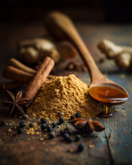 Aromatic spices like cinnamon, star anise, ginger, pepper, and ground spice, along with honey, sit on a wood.  This shot captures the warm colors and intricate textures.