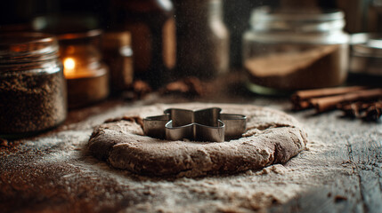 Close-up captures a rustic scene, dough, a star-shaped cookie cutter amidst a light dusting of flour, all set against a soft bokeh of kitchen essentials.