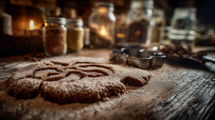 A rustic kitchen scene with close-up of cookie dough being prepped for baking and decoration.