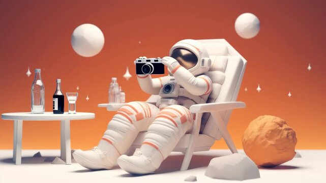 A whimsical video concept of an astronaut lounging in a chair, holding a camera. Low-angle shot with a playful, surreal space theme and orange backdrop. Live desktop wallpaper.