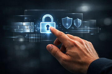 Hand activating digital lock on futuristic security interface