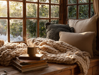 Cozy window nook with books, soft pillows, and a steaming cup of coffee, creating a scene of warmth and tranquility.