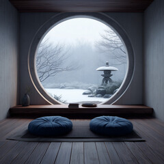 Serene Zen Room with Serene View and Tranquil Pillows, invites viewers to step into a world of tranquility. Through the circular window, one can see nature elements combined with serenity.