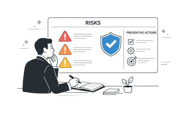 Risk Management Strategy. Risk preparedness. Business professional identifying risks on a simple dashboard with warning and shield icons, planning preventive