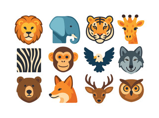 Obraz premium Wildlife Icon Set. Wildlife photography and animal portraits. Colorful flat vector icons set of Wildlife photography and animal portraits: lion face, elephant