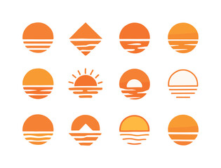 Fototapeta premium Sunset Logo Collection. Sunset. Icon set. Set Logo of sunset: ocean sunset glow. harmonious logo variations of the same emblematic concept, each with different
