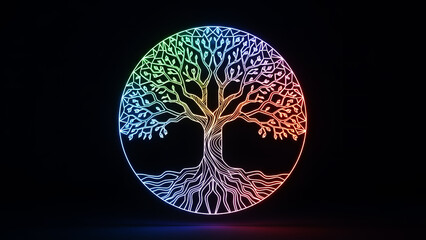 Vibrant Neon Tree of Life Symbol with Glowing Rainbow Gradient on Black Background