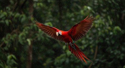 A vibrant red macaw in flight against a lush green forest backdrop