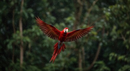 A vibrant red macaw in flight against a blurred green forest backdrop