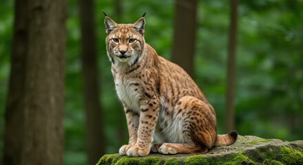 A large feline sits on a mossy rock in a forest