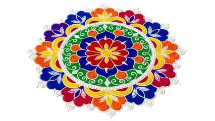 Colorful floral rangoli design on white background