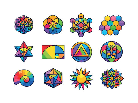 Colorful Sacred Geometry Icons. Sacred geometry. Colorful isometric vector icons set of sacred geometry: flower of life, seed of life, metatron cube, hexagon