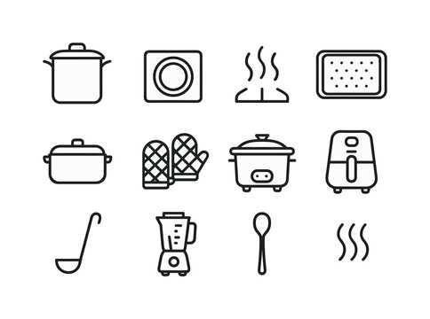Batch Cooking Icons. Batch cooking. Line icon set of Batch cooking: large pot, stovetop burner, simmering icon, baked tray, casserole dish, soup ladle, oven