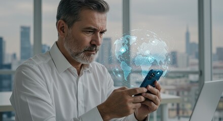 A man in a white shirt looking at his phone with a digital globe hovering above it