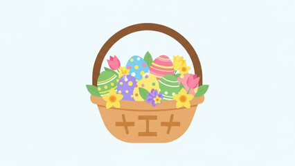 Easter Basket Filled with Eggs and Flowers on White Background