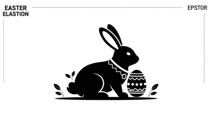 Black Easter Bunny Silhouette with Decorated Egg on White Background