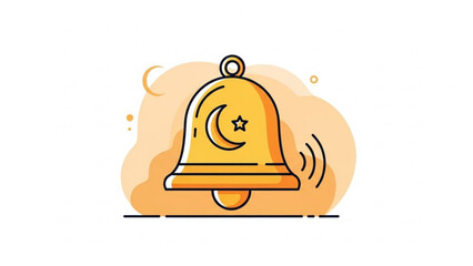 Golden Bell with Crescent Moon and Star Icon on White Background