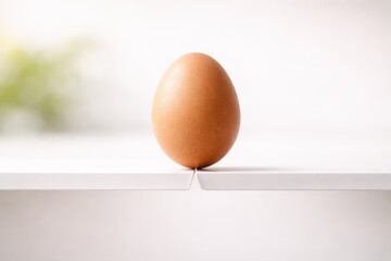 A Perfectly Balanced Brown Egg Poised Between Two Shelves, Symbolizing Instability and Precision in Everyday Life