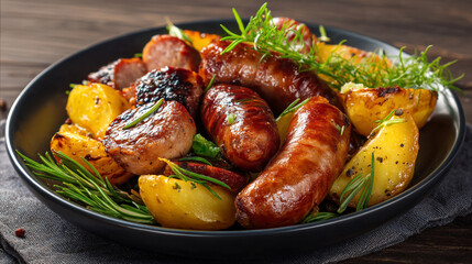 Roasted Meat Sausages and Golden Potatoes Garnished with Rosemary