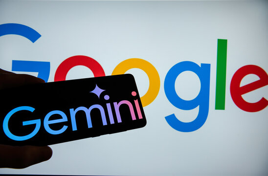 Google Gemini logo on smartphone infront of the Google logol.  Link&ouml;ping, &Ouml;sterg&ouml;tland, Sweden. 01-15-2026.